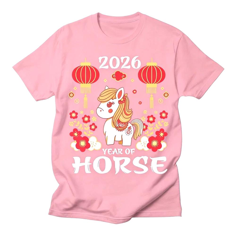 2026 Jahr des Pferdes T-Shirt Mondneujahrshemd Chinesisches Neujahrs-T-Shirt Niedliches Sternzeichen-Pferd Cartoon-Aufdruck T-Shirt Damen Oberteile