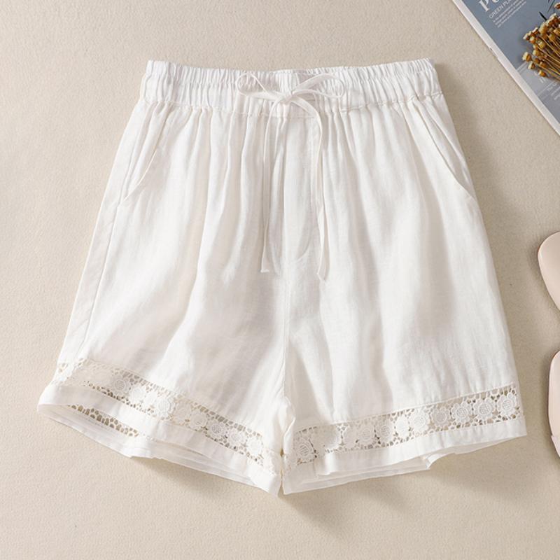 Casual Solid Linen Lace Floral Summer Short Pants Loose Elastic Waist Boho Beach Wear Shorts Women Bottom