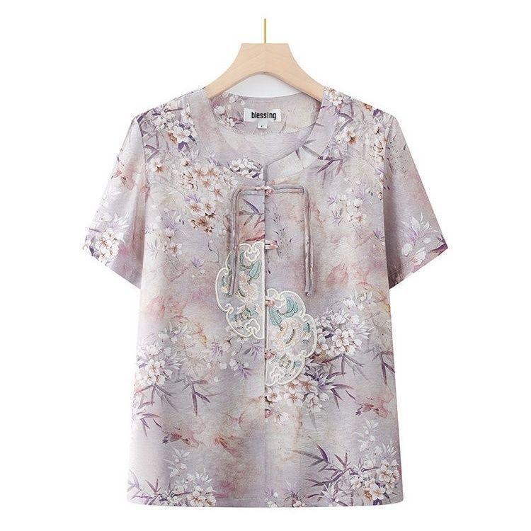 Mother s Day Summer Set: Middle-aged Women s Chinese Style Short-sleeve Top XL 80-100 jin