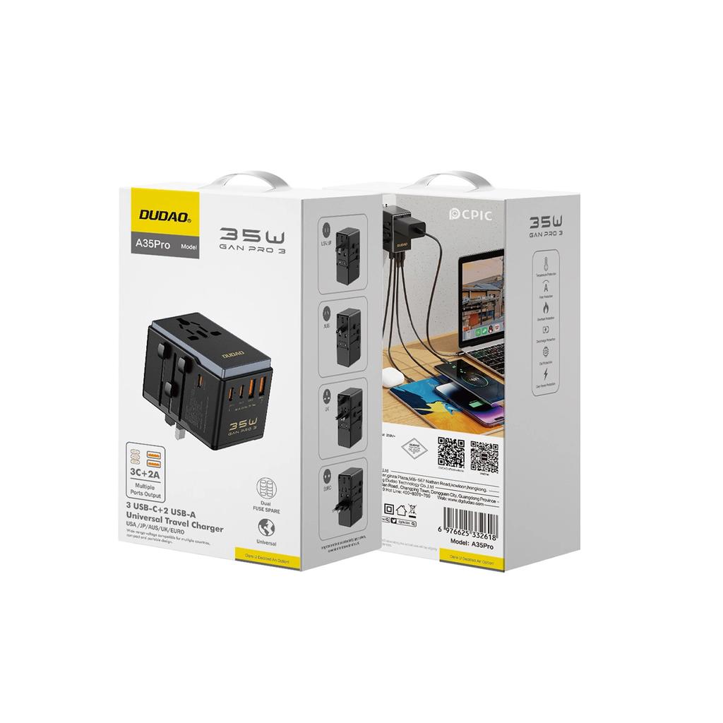 Dudao A35Pro 35W Travel Adapter Eu/Uk/Aus/Us/Jp 3X Usb-C 2X Usb-A - Black