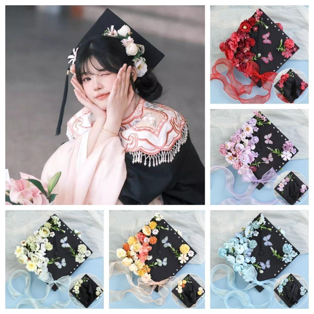 Master Academic Hat with Tassels Doctor Trencher Cap Flowers Graduation Cap Graduation Season