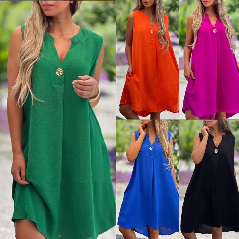 

Women s V-Neck Sleeveless Dress with Gold Button Detail, Casual Summer Dress in Multiple Colors XXL чорний
