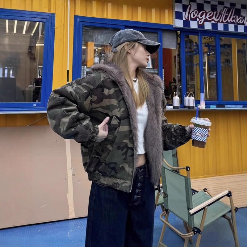 Mens Vintage Camo Hooded Jacket Thick Warm Loose Fit Streetwear Winter