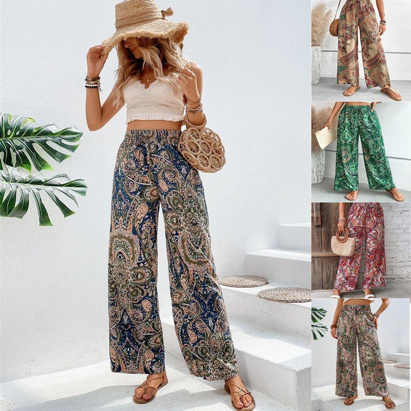 

2025 Fashion Versatile Printed Elastic Waist Wide Leg Pants Khaki M