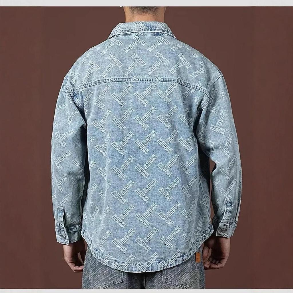 Men's Retro Washed Jacquard Denim Jacket - Spring & Autumn Trend