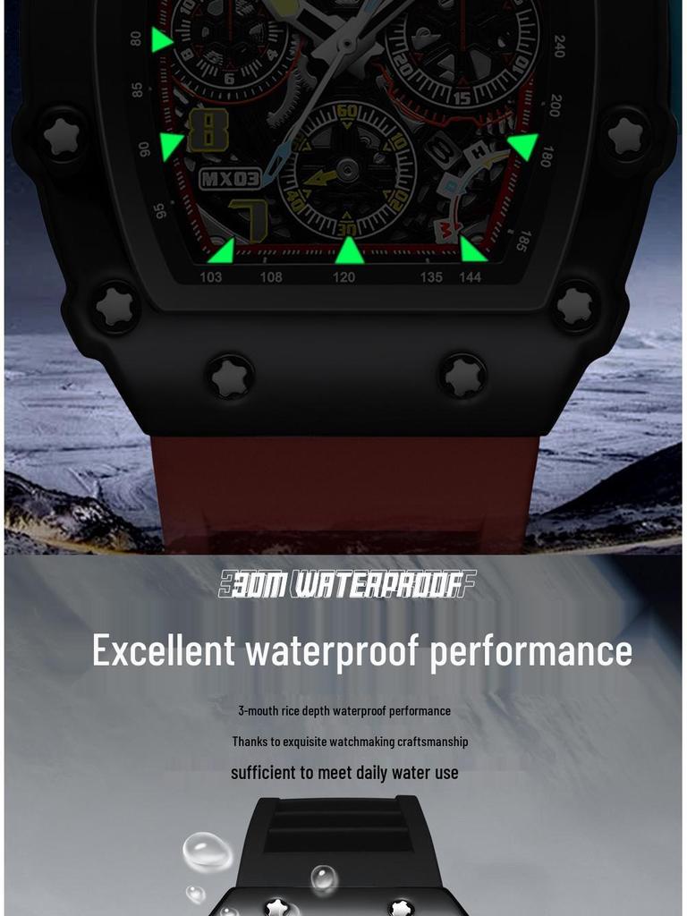 Men's Richard Luminous Calendar Wine Barrel Watch, Hollowed-Out Design, Trendy Mechanical Look