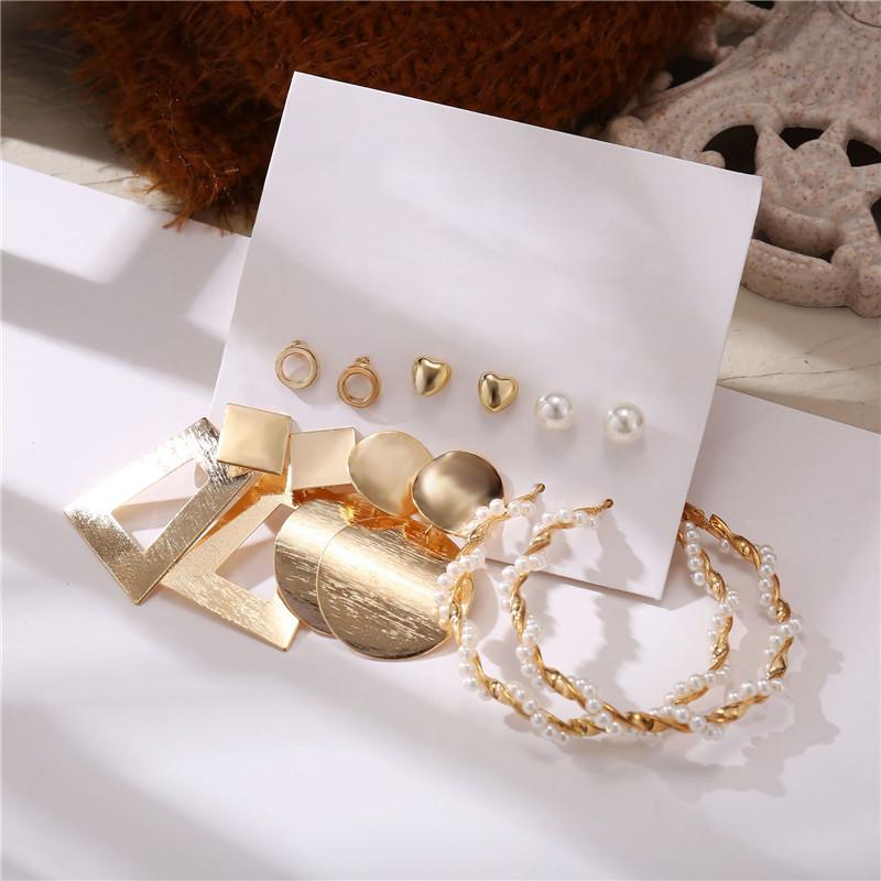 Modyle New Bohemian Female Pearl Earrings Set Punk Vintage Gold Color Geometric Drop Earrings for Women Fashion Jewelry