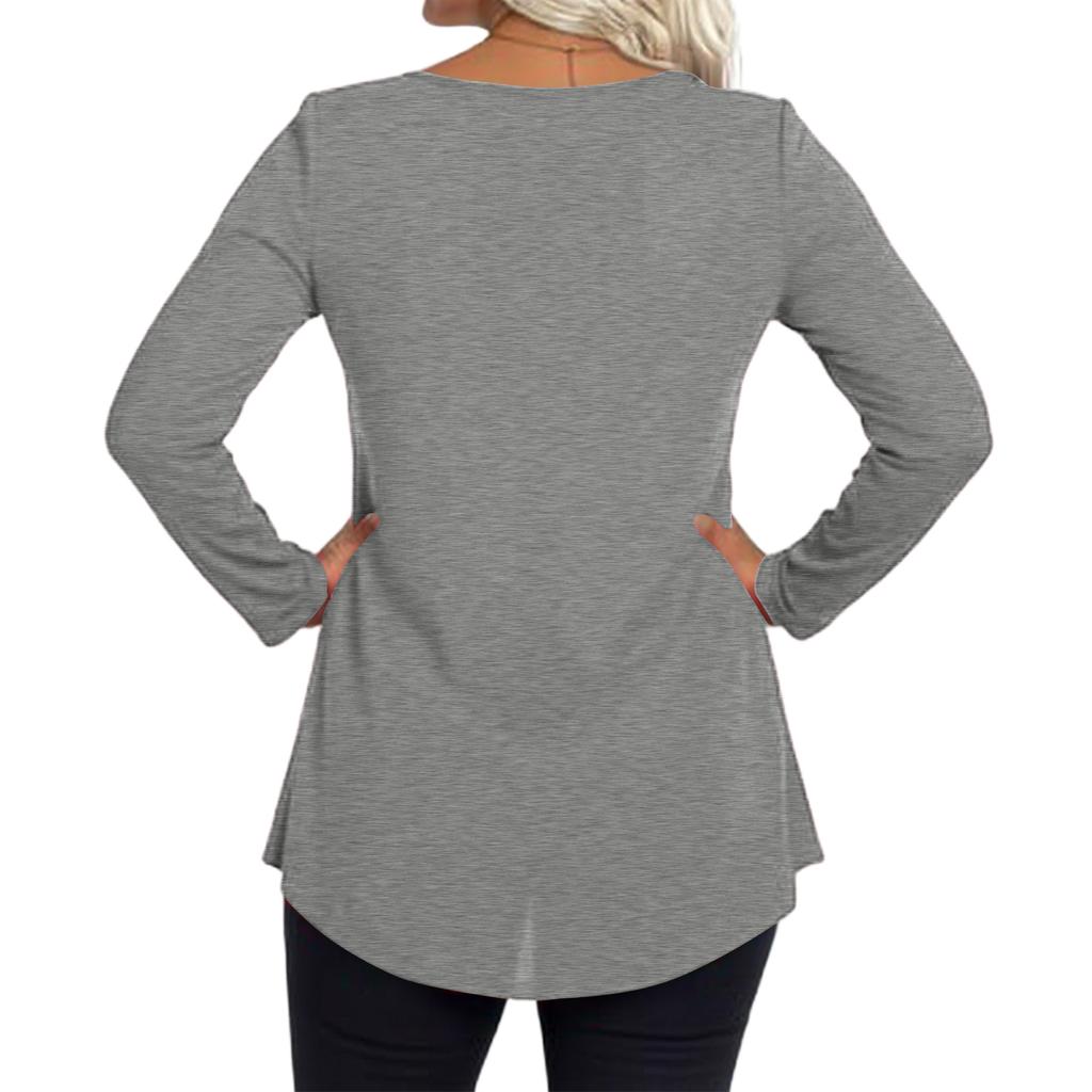 Ladies' Casual And Fashionable Round Neck Collar Lace Long Sleeved Solid Color T-shirt Plus Size Top