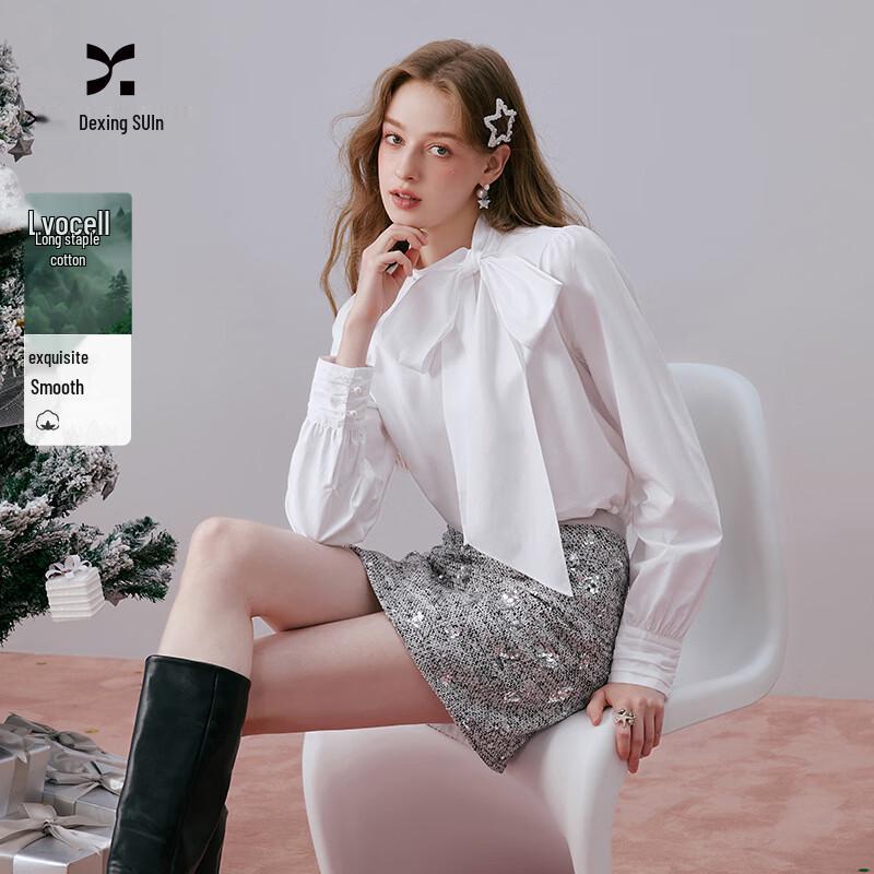 Women s French Bow White Tencel Shirt M