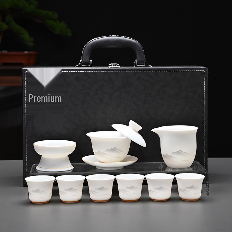 Kung Fu Mutton Fat Jade Gaiwan Teapot Set - Gold-Painted Luxury Tea Set