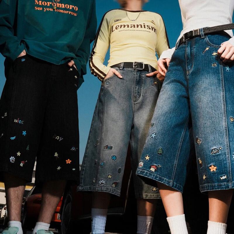 LEMANISM American Style Cartoon Denim Capri Pants