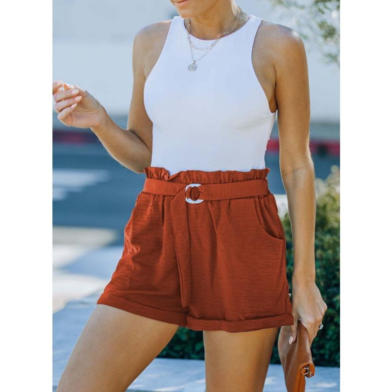 Women Summer Solid Color High Waist Loose Lace Up Pocket Casual Shorts