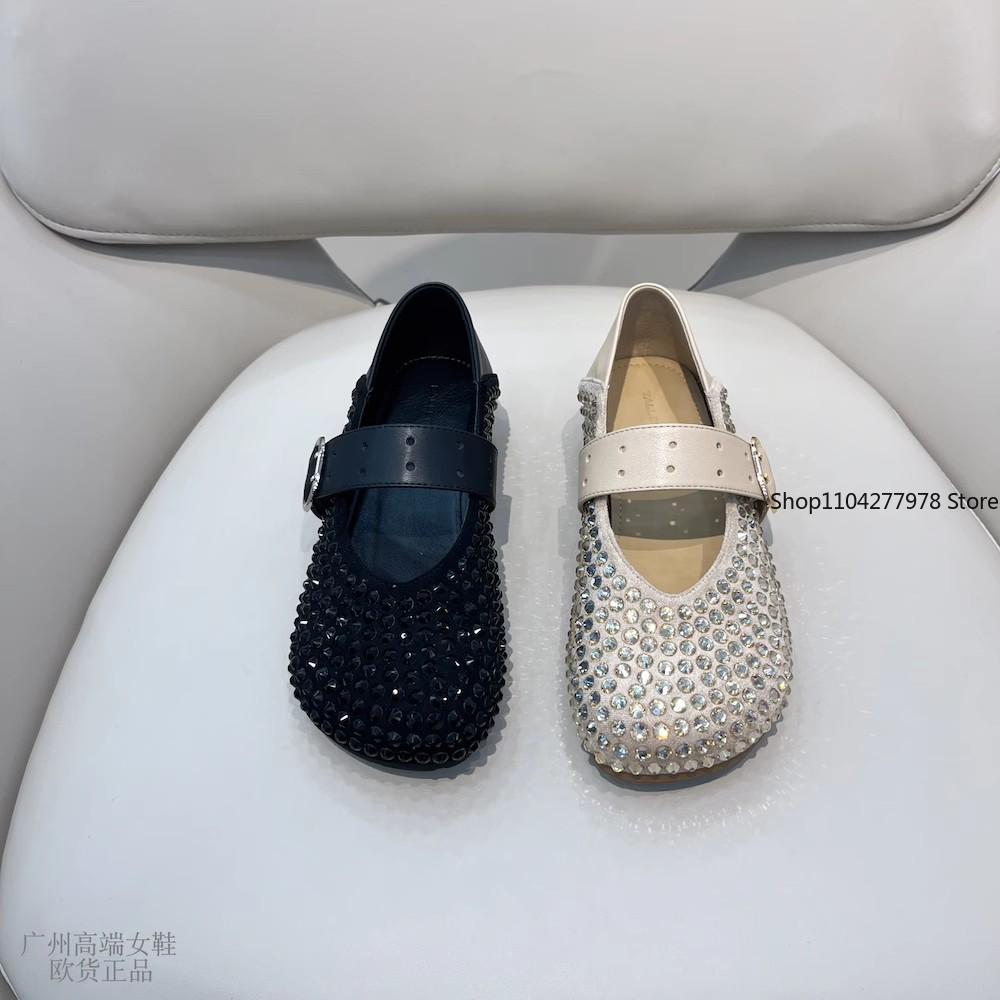 Fashion Women Flat Shoes Vulcanize Designer Loafers Diamond Rivet Mary Jane Shoes Woman Studded Crystal Women Flats Ballet Lolita Shoes