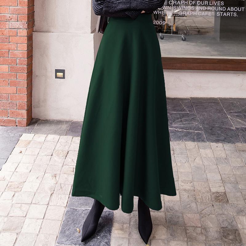 Tooxika High Waisted Solid Colored Woolen Half Skirt, Versatile For Commuting, Large Swing A-line Long Skirt