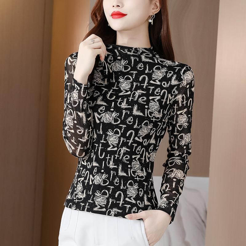 Letters and Color Mesh Top for Women In Autumn and Winter Half Turtleneck Bottoming Shirt Long Sleeves T-shirt Body-beautiful Shirt