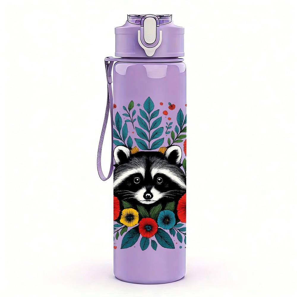 1PC Floral Raccoon Portrait 750ml Color Plastic Sports Water Bottle Leakproof Flip Straw Lid Suitable for Sports Office Home Use