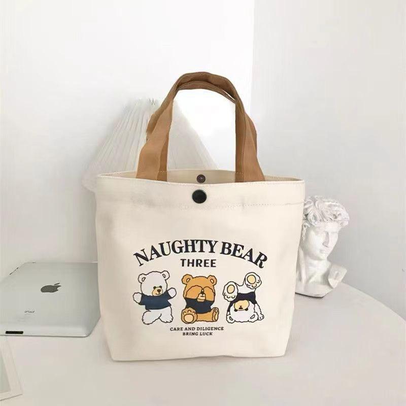 Cute Letters And Cartoon Bear Print Casual Hand Held Canvas Bag For Daily