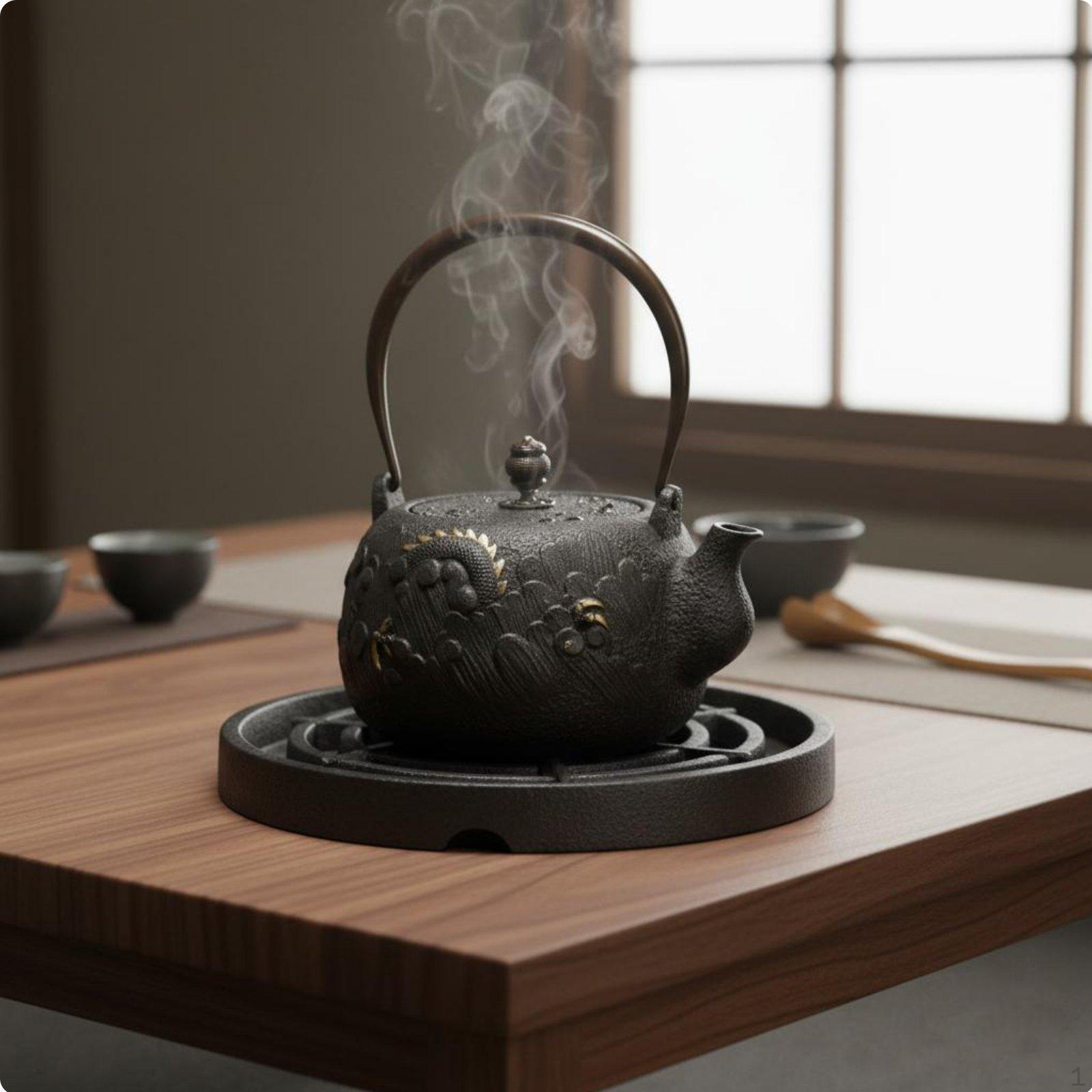 Serpent Tea Kettle Handmade Dragon Relief Teapot Traditional type Embossed Iron Black 1.3L