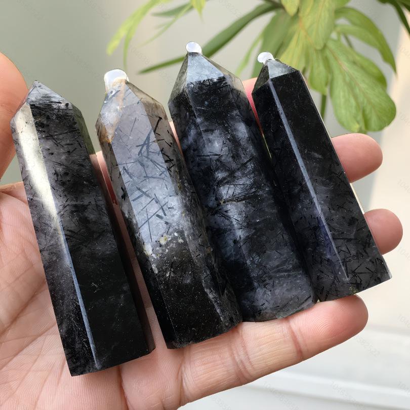 Natural Black Tourmaline and Rutilated Quartz Hexagonal Prism Crystal Ornament 7-8 cm