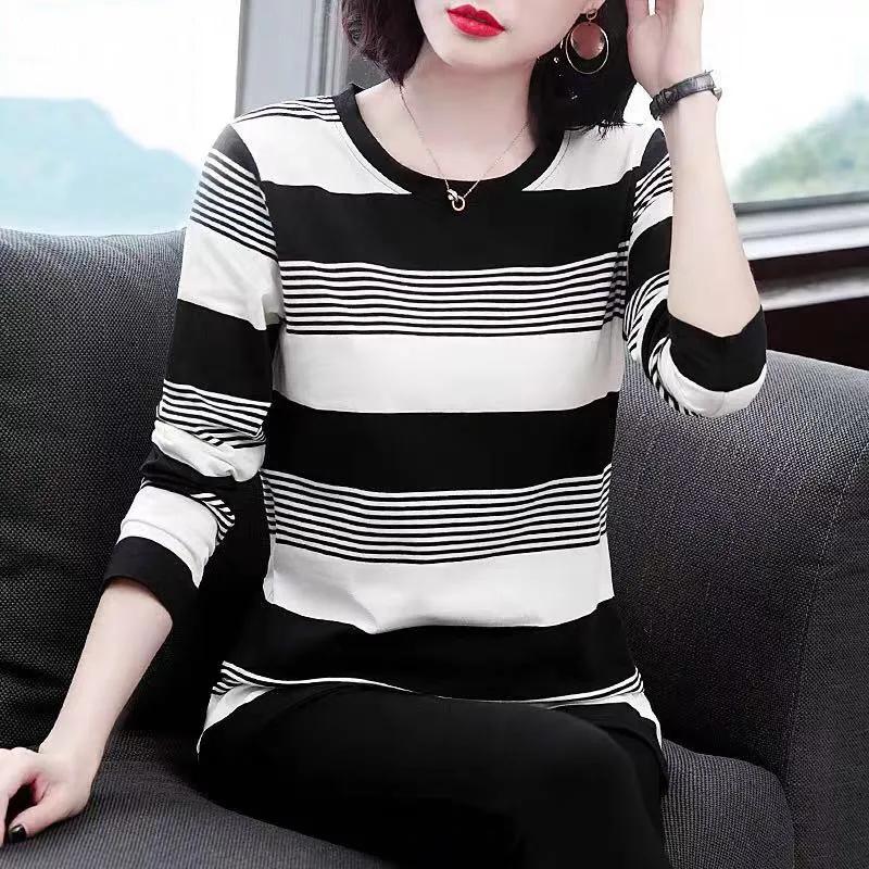 Spring and Autumn Women's Casual Stripe Print Long Sleeve O-Neck Blouses & Shirts