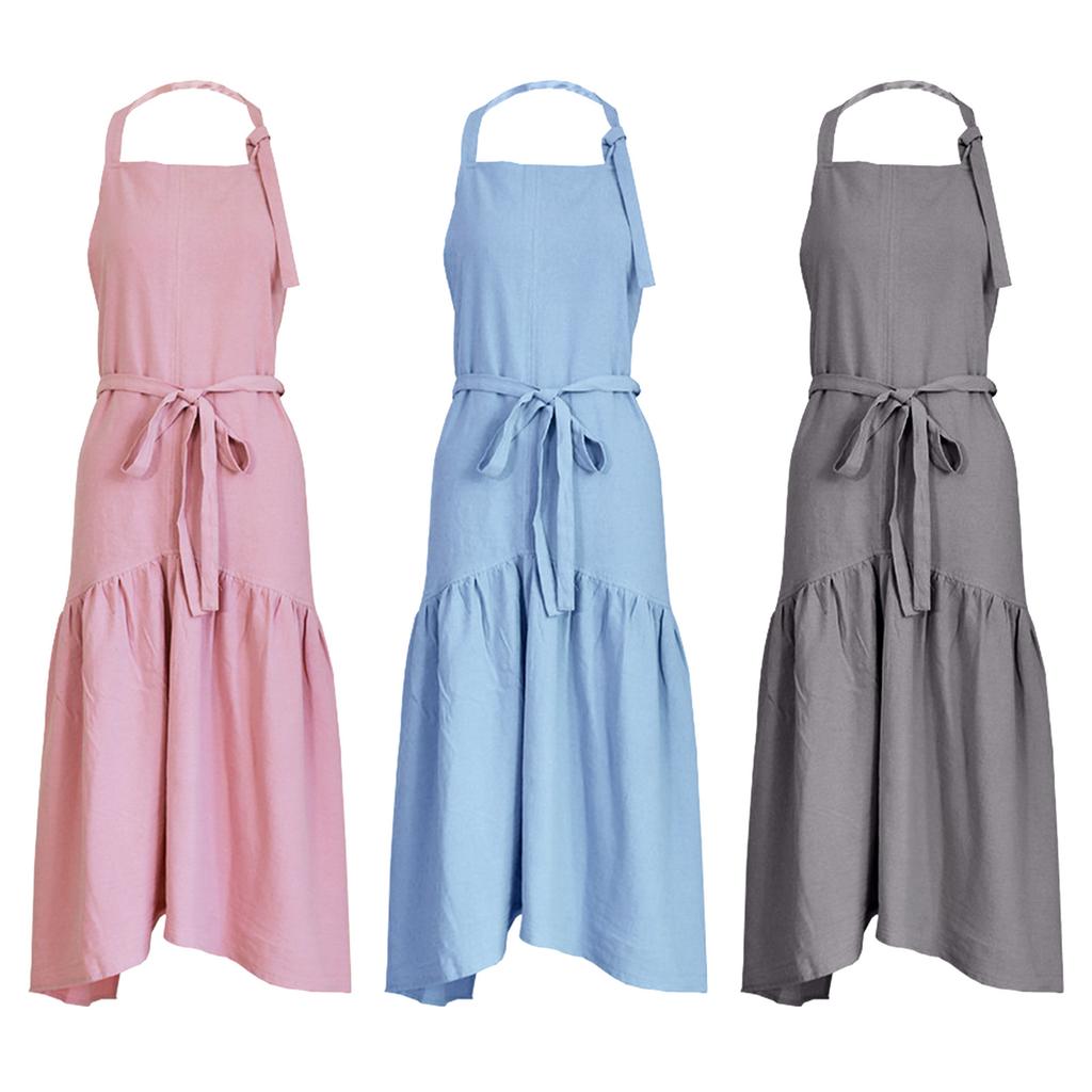 Cotton Linen Apron for Women Plain Work Apron Pinafore Dress Adjustable Casual Apron for Cooking Gardening Coffee Shop