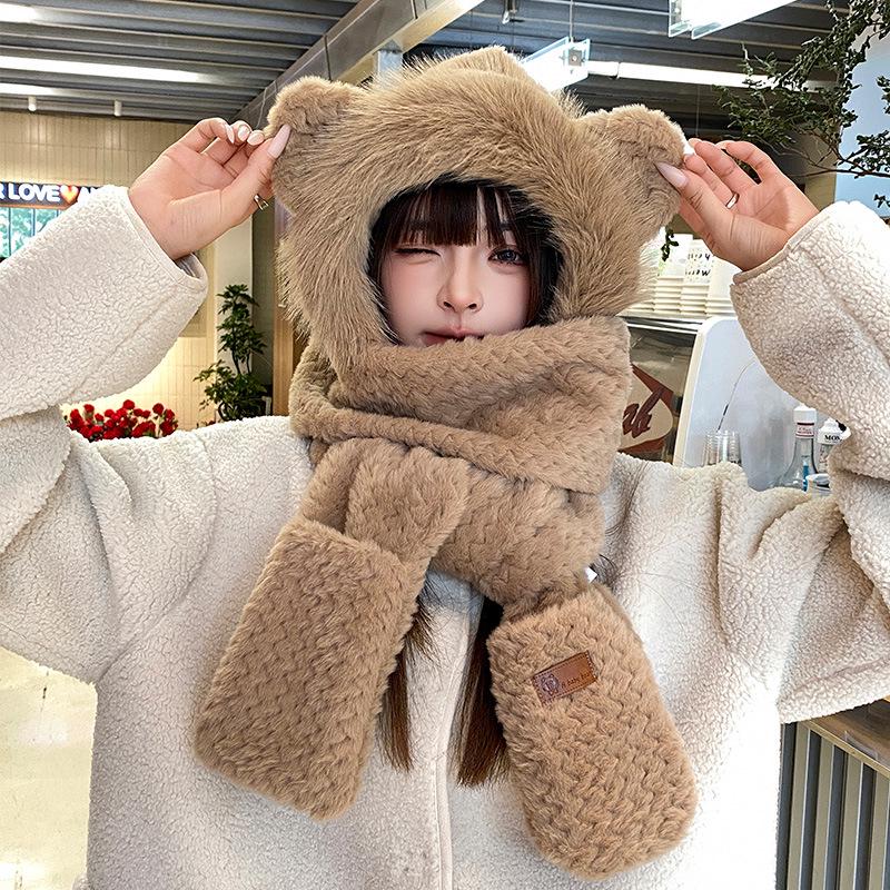 

Комплект из шапки и шарфа в корейском стиле с плюшевым медведем для женщин — милый и теплый для осени и зимы One Size (Fits 56-59cm Head Circumference)