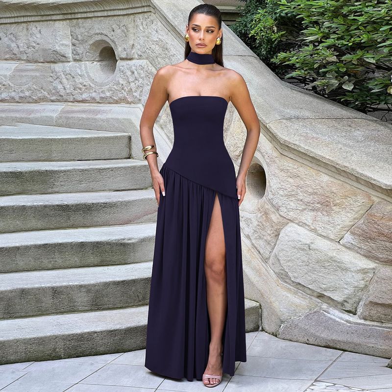 Shemoda Fashion Style Sexy off-Neck Tube Top Dress Women's Stylish Patchwork High Slit Draping Long Dress