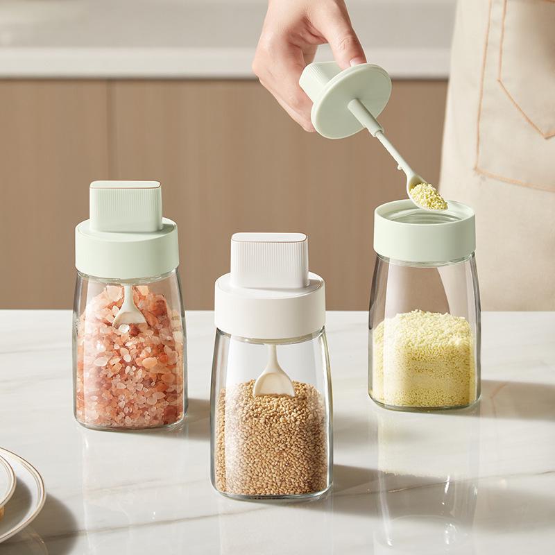Retractable Glass Spice Jar with Spoon Lid: Sealed Kitchen Seasoning Container for Oil and Salt