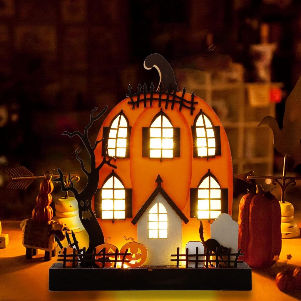 Pumpkin House Glowing Desktop Ornaments DIY Wooden Horror Ghost Pumpkin House with LED Light for Halloween Eve Party Decoration