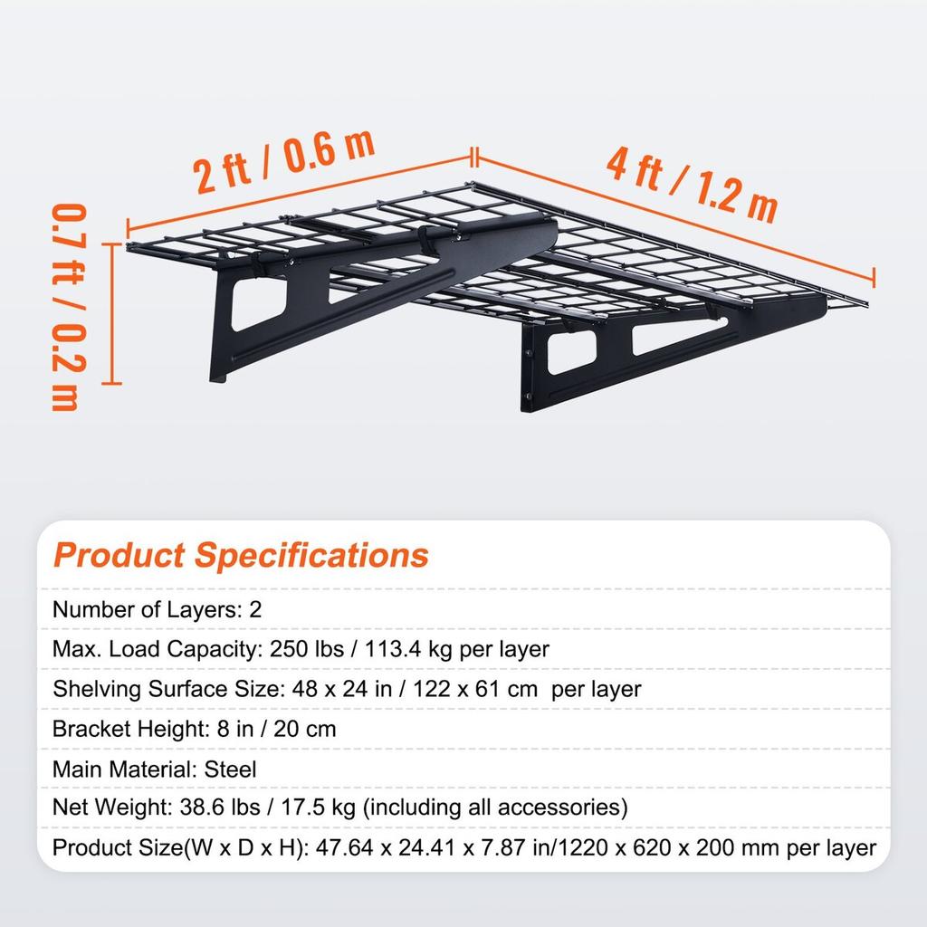 Garagen-Lagerregale, 2er-Pack, 4 x 2 Fuß Robuste Wandmontage-Garagenregale, 500 lbs Tragfähigkeit(Gesamt) Garagen-Lagerregal Schweberegale,
