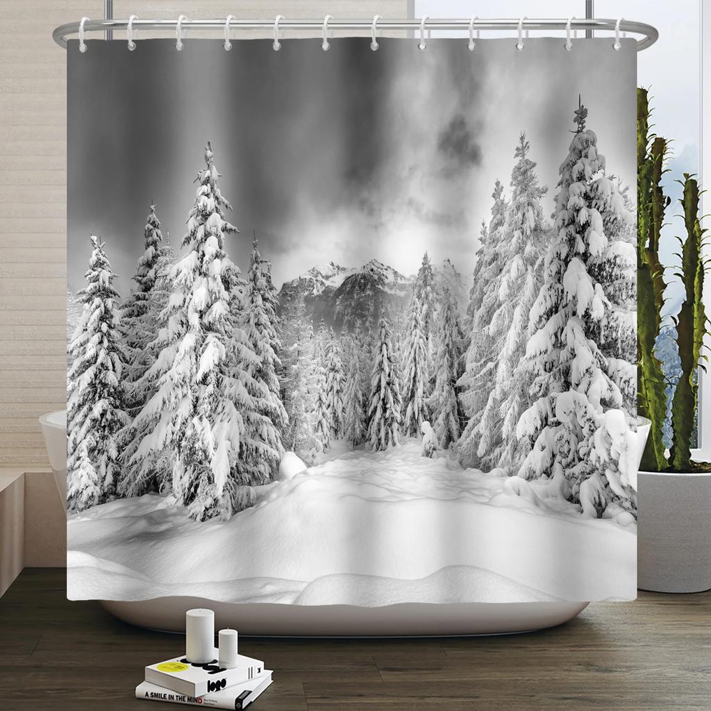 Christmas Shower Curtain Xmas Tree Winter Forest Snow Cute Snowman Bathroom Shower Curtain Waterproof Bath Curtain With Hook