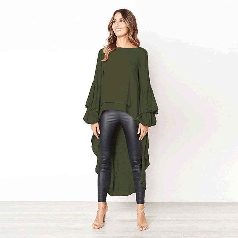 Women's Fashion Long Sleeved Irregular Chiffon Shirt Round Neck Trumpet Sleeves Shirt Solid Color Loose Office Blouse Elegant Blouse