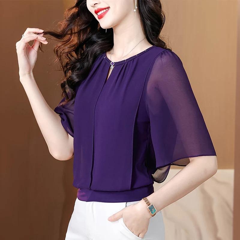 Summer Clothing Blouse Fashion Loose Women Solid Color Casual Pullovers Shirt