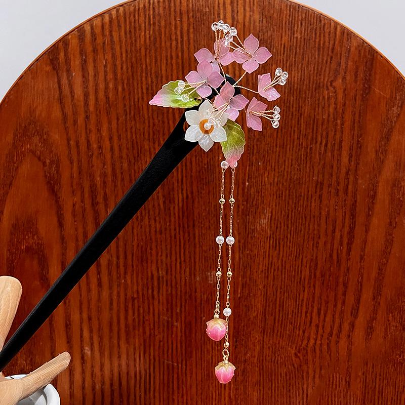 Ebony Ancient Wind Hairpin Exquisite Disk Pull Hair Glazed Beads Flowers Tassel Step Shaking Hanfu Ancient Costume Hairpin Hair Accessory