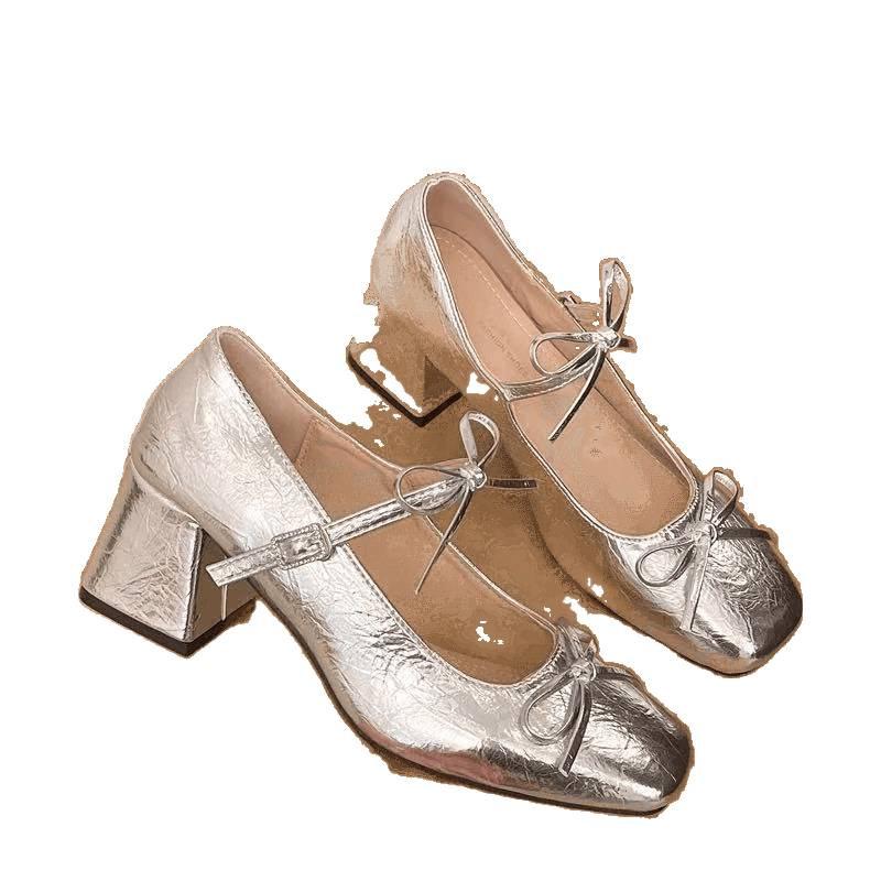 2025 New Versatile Silver French Bow Mary Jane Skirt Shoes - Women's Chunky Heel Spring Edition