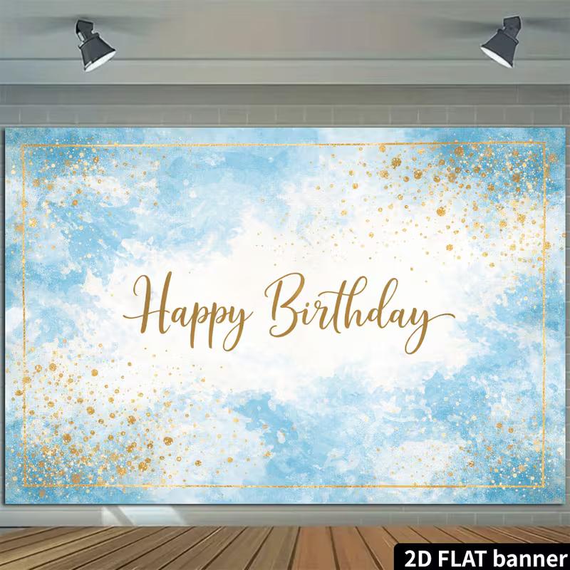 2D Elegant Watercolor Blue Happy Birthday Backdrop Banner Party Decoration