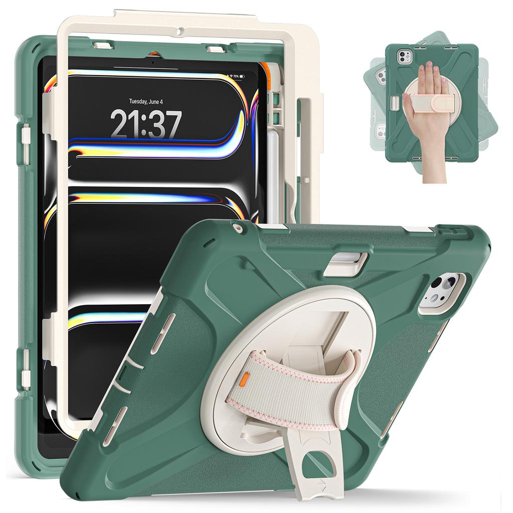 For iPad Pro 11 (2025)/11 (2024) Case Rotary Kickstand PC+Silicone Hand Strap Tablet Cover