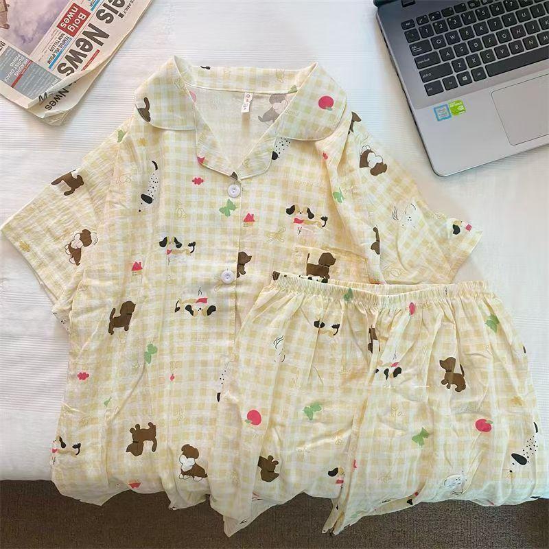 [Early Summer Benefits] Plaid Dog Pajamas Women s Summer Short Sleeve Shorts Loose Homewear Student Summer Suit S [recommended weight 40-47.5kg]