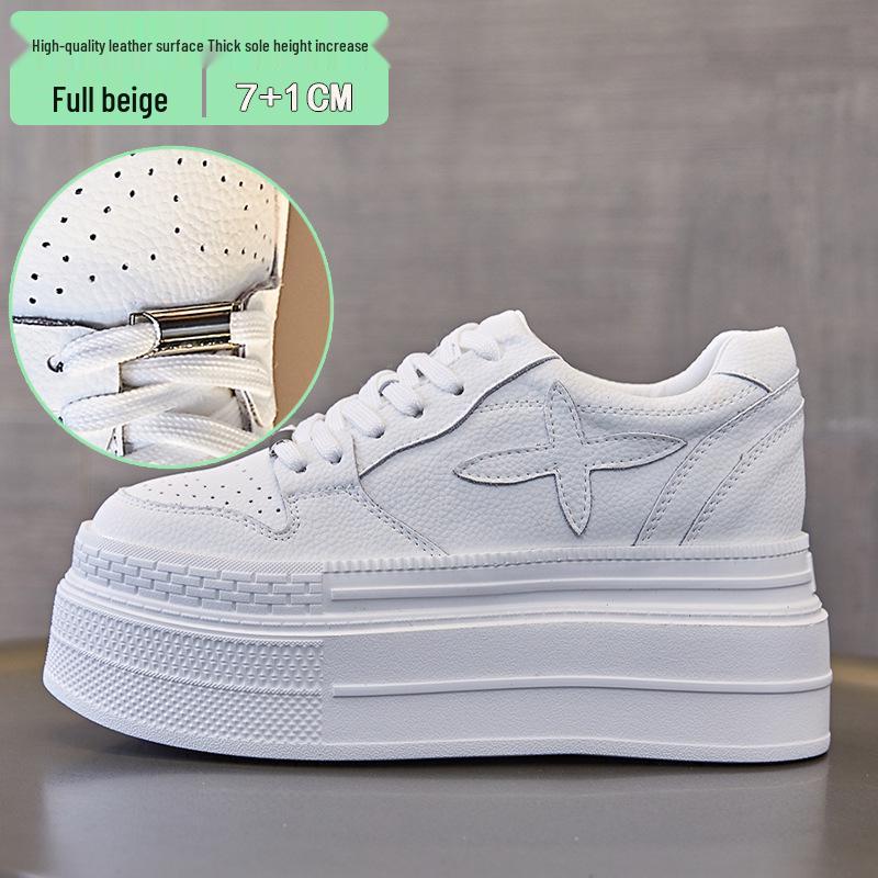 

Женские туфли из натуральной кожи белого цвета на шнуровке с толстой подошвой 8 см - увеличивающие рост, дышащие, модные, для повседневной носки осенью. 35