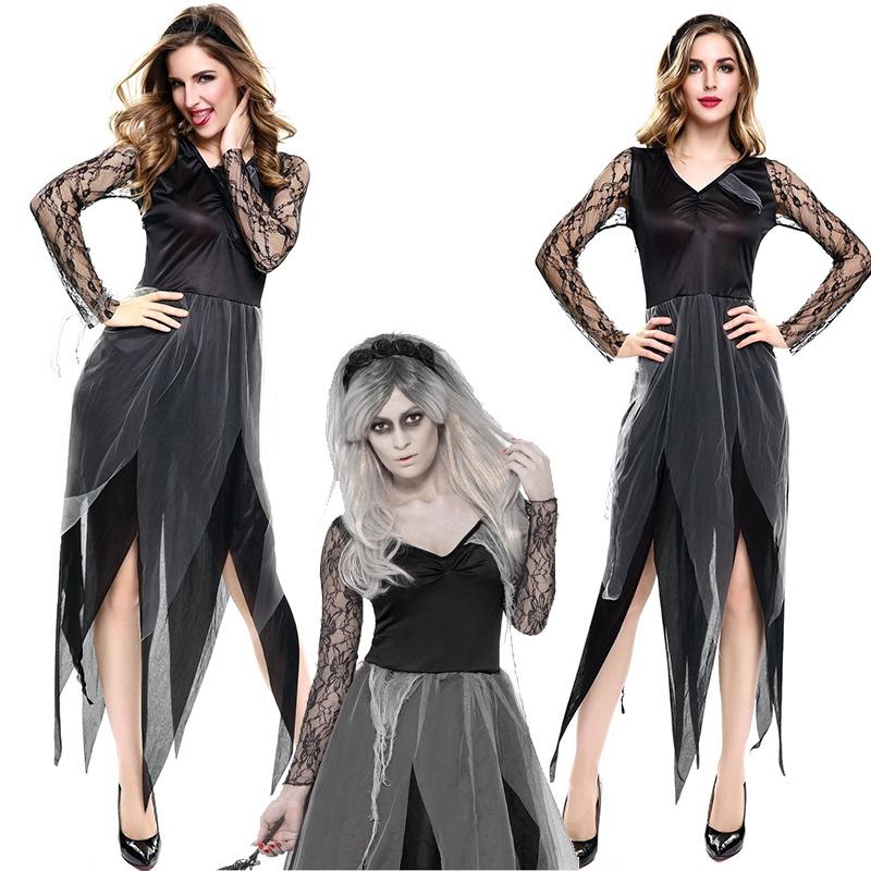Elegant Ladies Womens Horror Zombie Costume Featuring Lace Hollow Long Sleeves