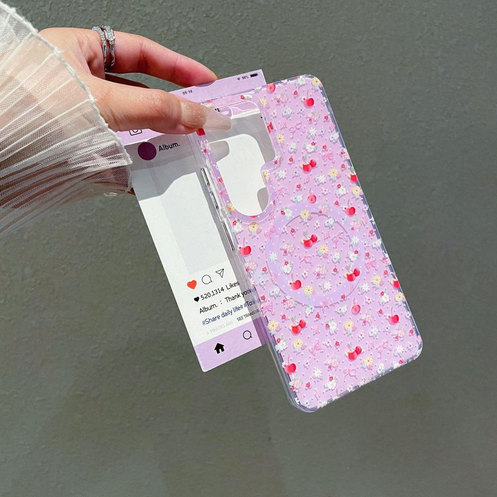 Cherry Blossom Floral Samsung S26 Ultra Magnetic Full Coverage Phone Case S24/S25 Protective Cover