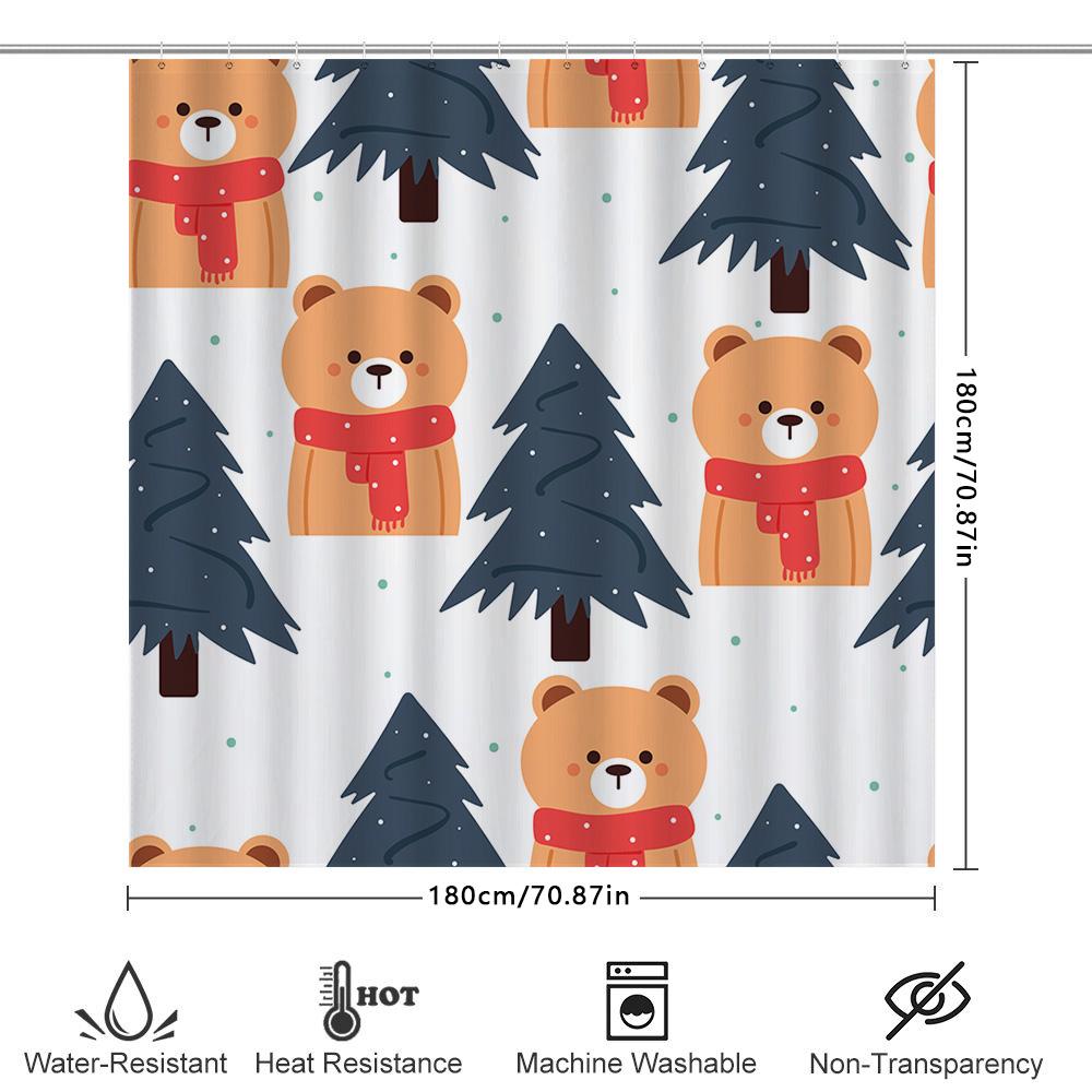 Christmas-Themed Shower Curtain With Bear Pine Tree Print For Bathroom Decoration Waterproof Fabric 180X245Cm Blue Editions