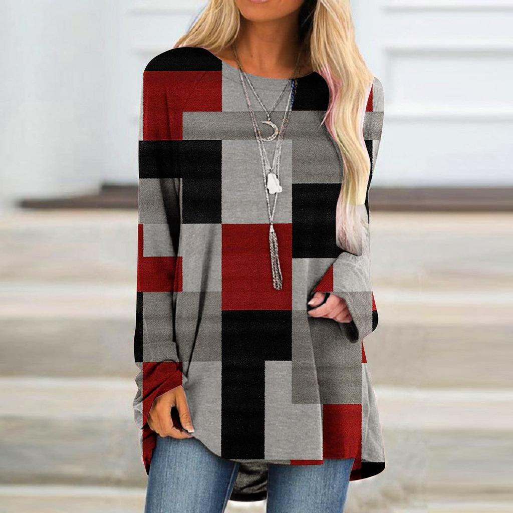 Women's Fashion Casual Irregular Patchwork Color Print Loose Medium Long Long Sleeve Top