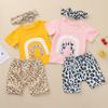 Toddler Kids Baby Girls  Tops Tee Leopard Shorts Headbands Set Outfits