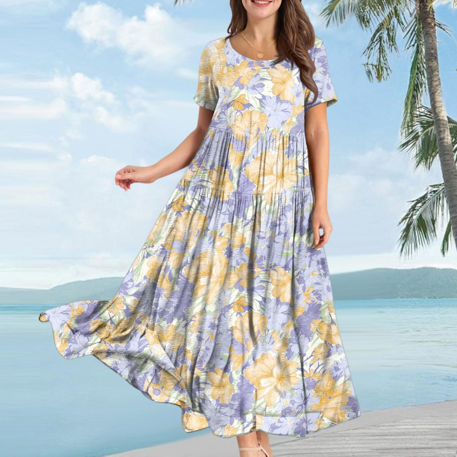 

Женское повседневное свободное богемное платье с цветочным принтом, длинное макси-платье с коротким рукавом, летнее пляжное платье-качели XXL