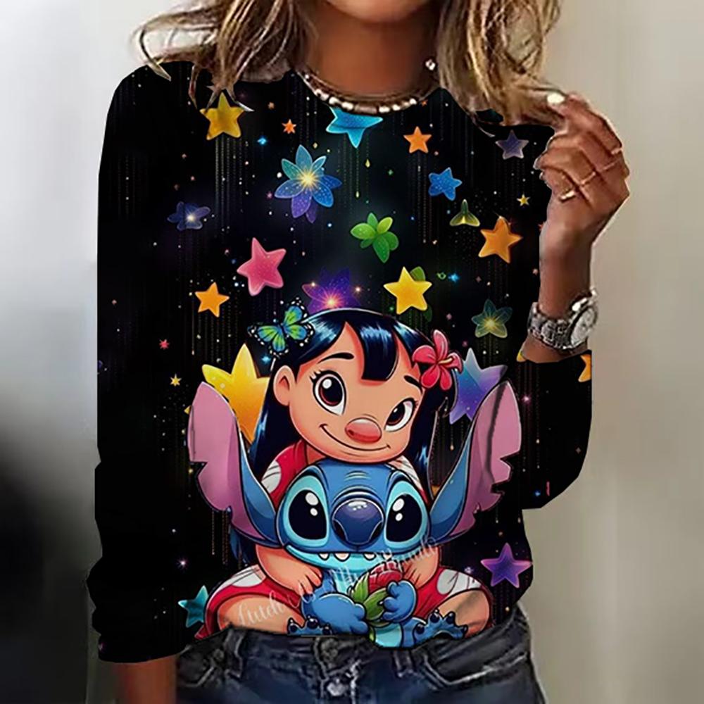 

New women s round neck T-shirt long sleeved top Disney Christmas Stitch print fashionable and trendy women s T-shirt top for aut 6XL