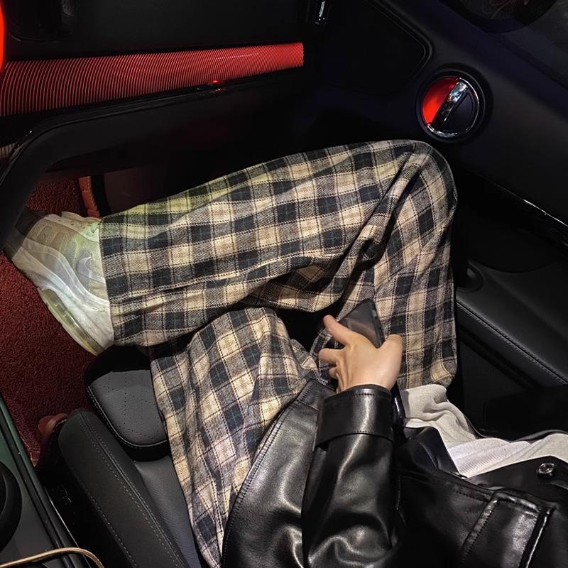 Retro Kariert Dünne Damen Hose Neu Hohe Taille Einfache Weitbein Hose für Damen