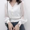 Clothe Women's Spring Autumn Style Chiffon Blouses Shirt Women's Knitted Button Long Sleeve Solid Color Lace Patchwork Tops