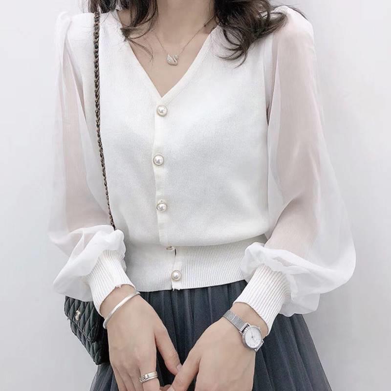Clothe Women's Spring Autumn Style Chiffon Blouses Shirt Women's Knitted Button Long Sleeve Solid Color Lace Patchwork Tops