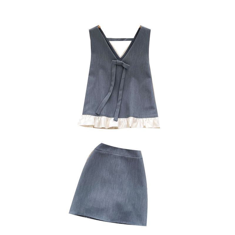 Online Celebrity Ins Niche Popular High-Grade Sense Summer Clothing Two-piece Set Sleeveless Loose Bow Vest High Waist Skirt